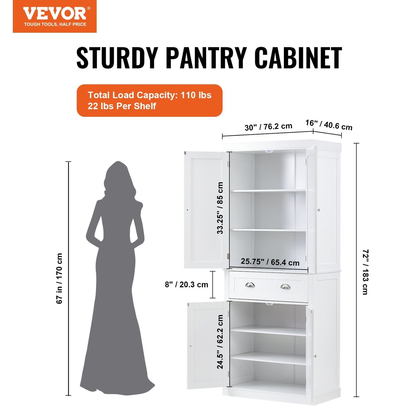 VEVOR Kitchen Pantry Cabinet – Freestanding Storage with Doors, Drawer & Adjustable Shelves, White