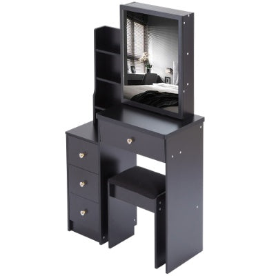 29.2-inch compact black vanity table with cushioned stool, large sliding mirror, and multi-layer storage shelves; modern MDF makeup dresser ideal for small bedrooms and apartments