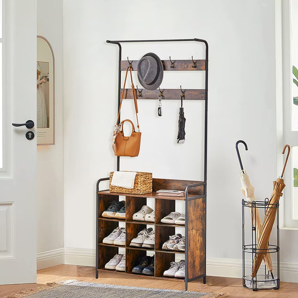 3-in-1 Entryway Coat Rack with Shoe Storage, 7 Metal Hooks, Hanging Rod, Antique Natural Finish, Freestanding Hall Tree Organizer