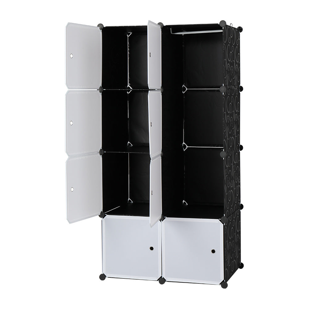 8-cube modular plastic storage organizer with doors and built-in hanging rod, stackable DIY closet cabinet for clothes, shoes, books, and household items in bedroom or entryway