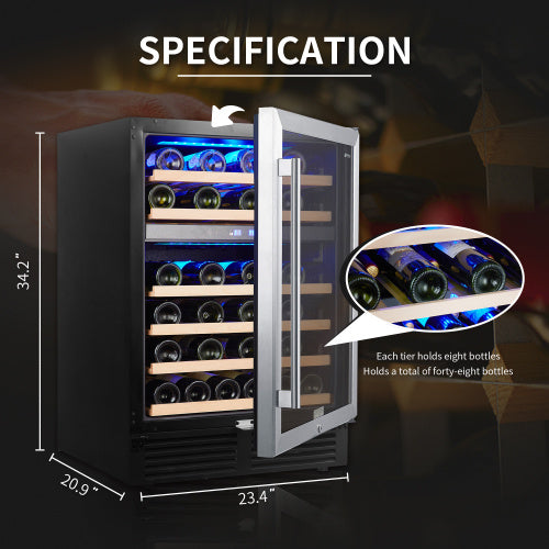 Wine cooler with bottle display and dimensions on a dark background