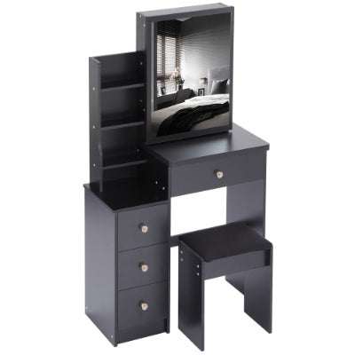 29.2-inch compact black vanity table with cushioned stool, large sliding mirror, and multi-layer storage shelves; modern MDF makeup dresser ideal for small bedrooms and apartments