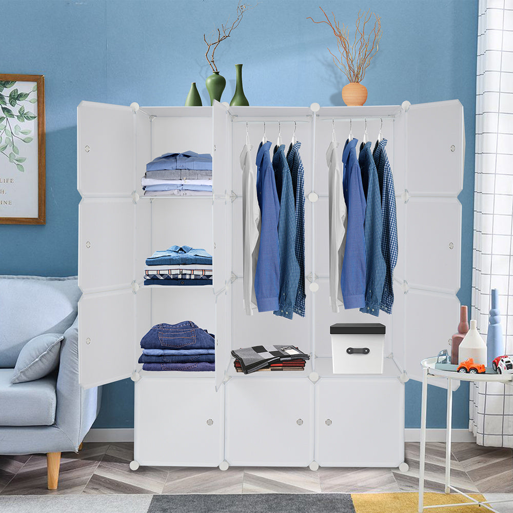 "White 12-cube modular plastic storage organizer with customizable layout and built-in hanging rod, featuring stackable DIY closet shelves for organizing clothes, shoes, toys, and household items.