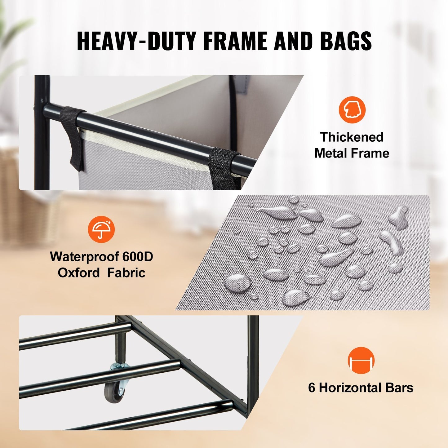 VEVOR 3-section rolling laundry hamper with heavy-duty metal frame, removable sorting bags, and smooth-rolling wheels for easy transport and organization