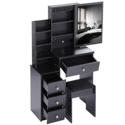 29.2-inch compact black vanity table with cushioned stool, large sliding mirror, and multi-layer storage shelves; modern MDF makeup dresser ideal for small bedrooms and apartments