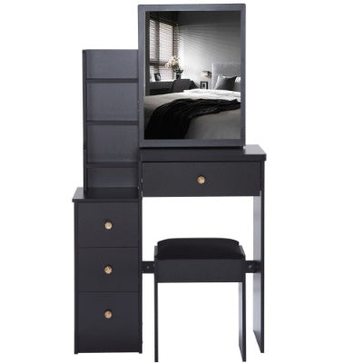 29.2-inch compact black vanity table with cushioned stool, large sliding mirror, and multi-layer storage shelves; modern MDF makeup dresser ideal for small bedrooms and apartments
