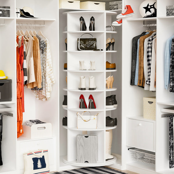 Tall 7-tier rotating shoe rack with compact lazy Susan design, space-saving vertical organizer for shoes, boots, and accessories, solid board construction in modern style