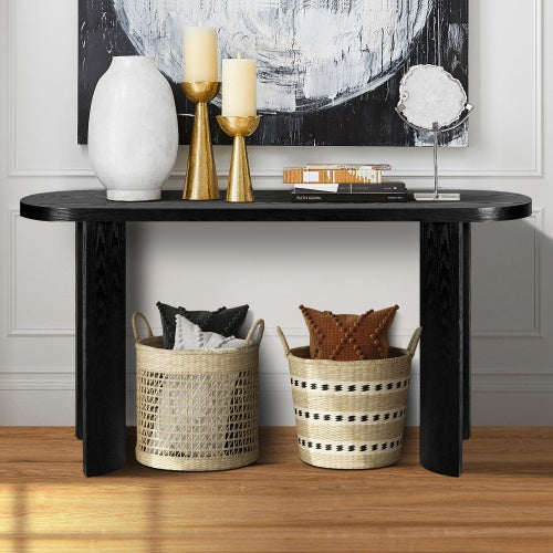 60-inch entryway table with thick wooden top and elegant curved legs, featuring flexible inward and outward installation, ideal for sofas, hallways, and entryways