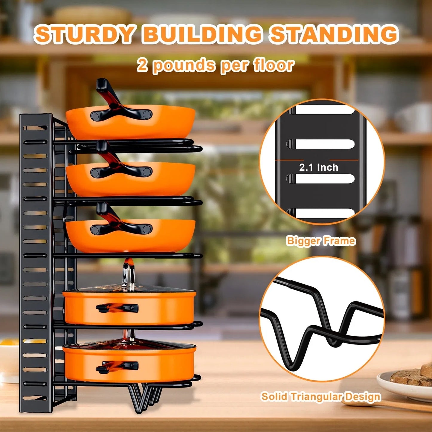 8-tier pot and pan organizer rack with lid holder, durable kitchen cabinet storage solution for cookware, space-saving vertical design