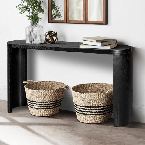 60-inch entryway table with thick wooden top and elegant curved legs, featuring flexible inward and outward installation, ideal for sofas, hallways, and entryways