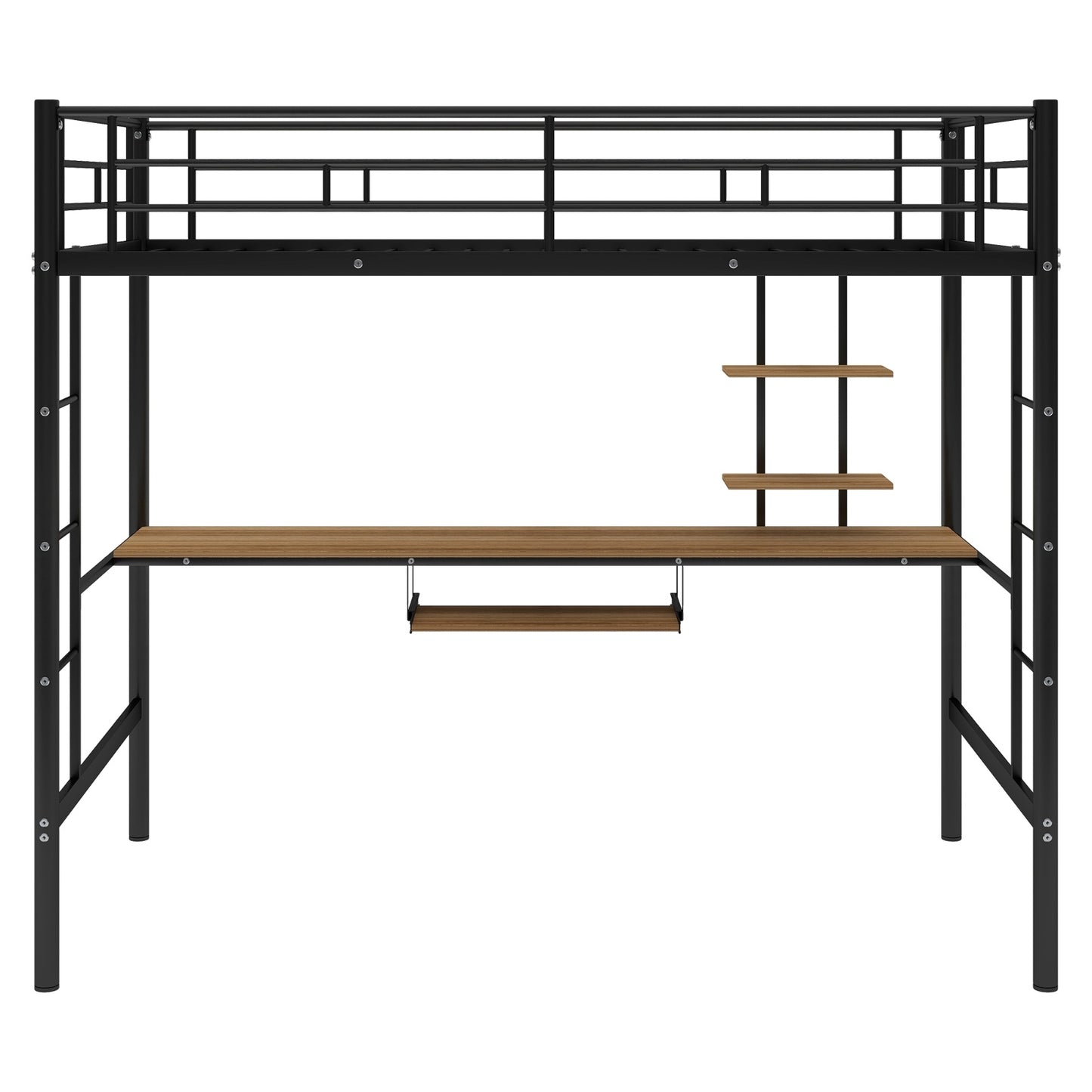 Black twin loft bed with metal frame, integrated desk and shelf underneath, ladder, and guardrail – space-saving bedroom furniture