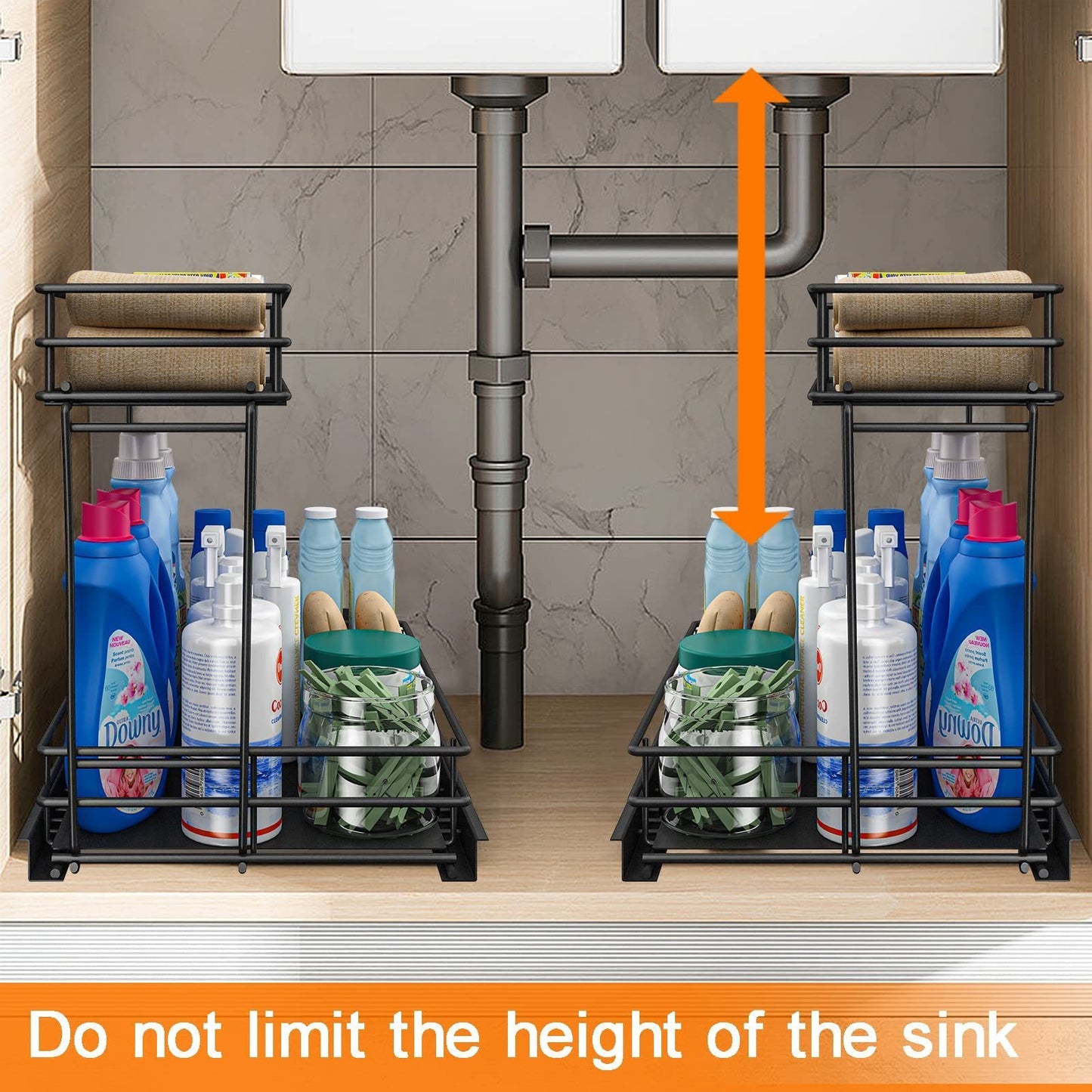 L-shaped metal pull-out cabinet organizer with two sliding drawers, made of stainless steel, designed to maximize under-sink storage by fitting around plumbing, featuring a rust-resistant finish