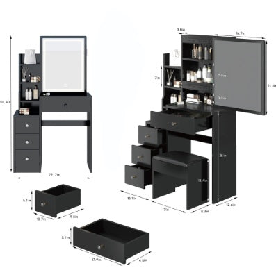 29.2-inch compact black vanity table with cushioned stool, large sliding mirror, and multi-layer storage shelves; modern MDF makeup dresser ideal for small bedrooms and apartments
