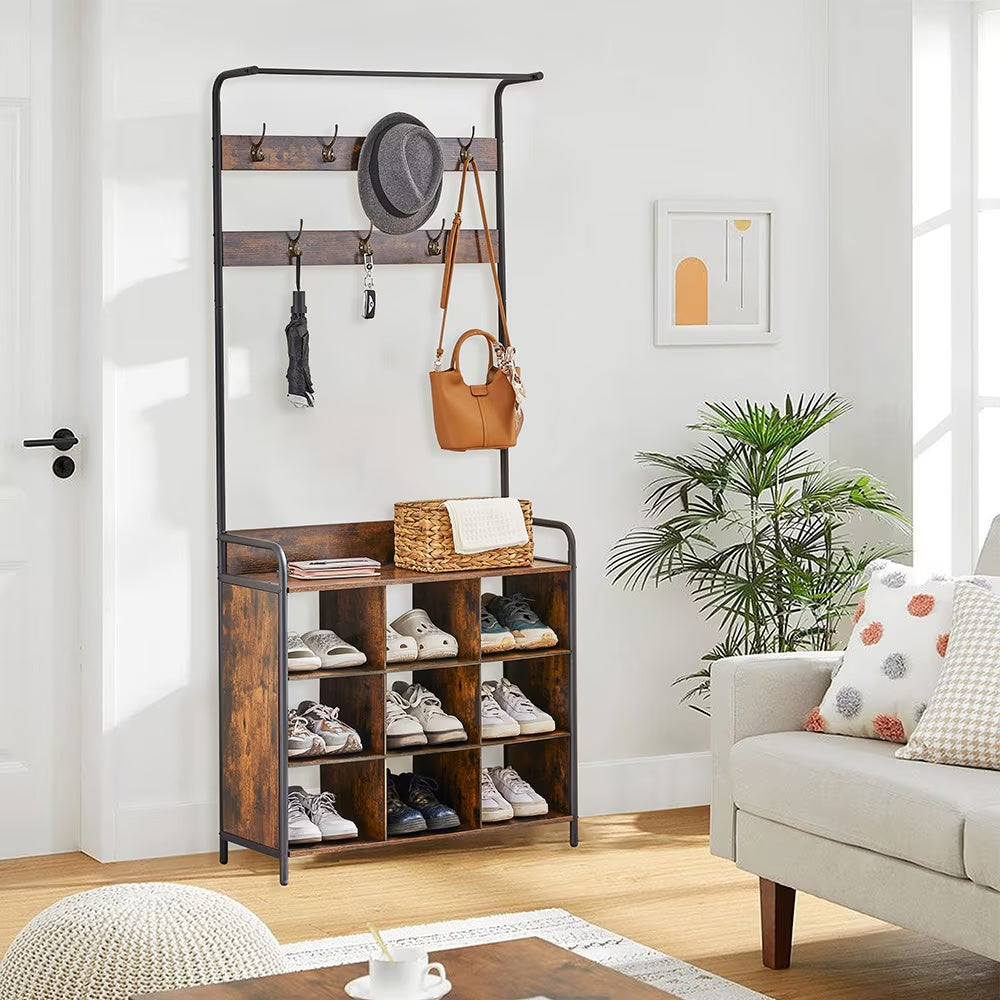 3-in-1 Entryway Coat Rack with Shoe Storage, 7 Metal Hooks, Hanging Rod, Antique Natural Finish, Freestanding Hall Tree Organizer