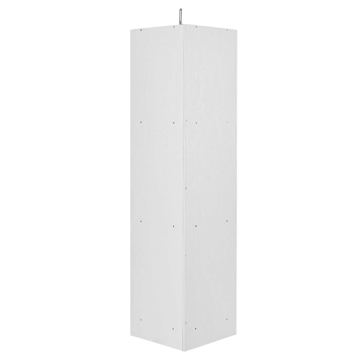 Tall white corner bathroom cabinet with triangular design, double doors, and adjustable interior shelves, fits neatly into small spaces for organized storage of toiletries and essentials
