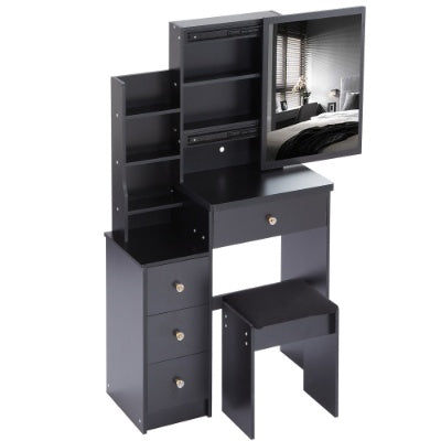 29.2-inch compact black vanity table with cushioned stool, large sliding mirror, and multi-layer storage shelves; modern MDF makeup dresser ideal for small bedrooms and apartments