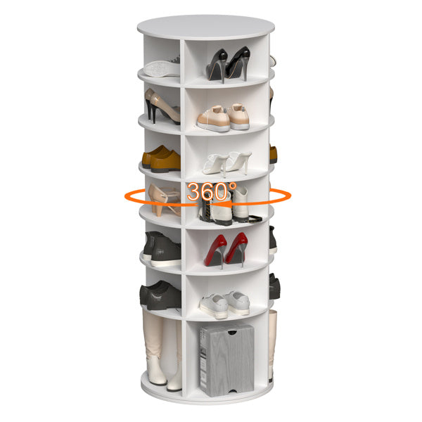 Tall 7-tier rotating shoe rack with compact lazy Susan design, space-saving vertical organizer for shoes, boots, and accessories, solid board construction in modern style