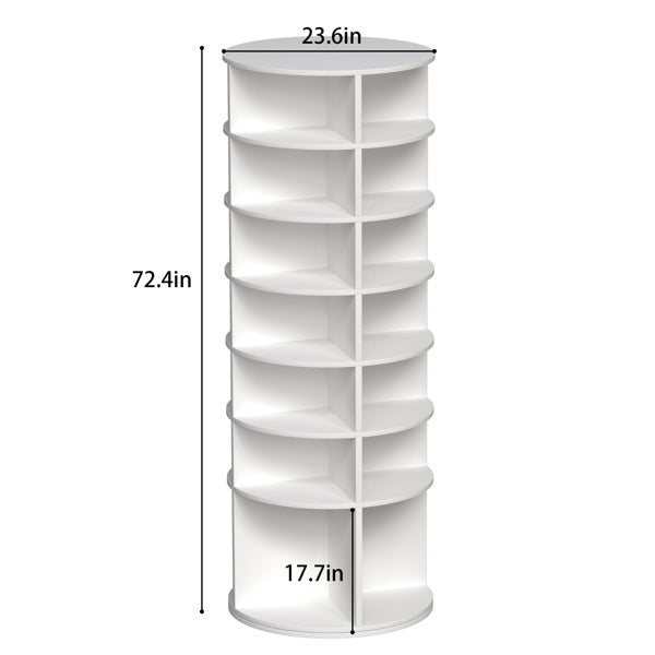 Tall 7-tier rotating shoe rack with compact lazy Susan design, space-saving vertical organizer for shoes, boots, and accessories, solid board construction in modern style