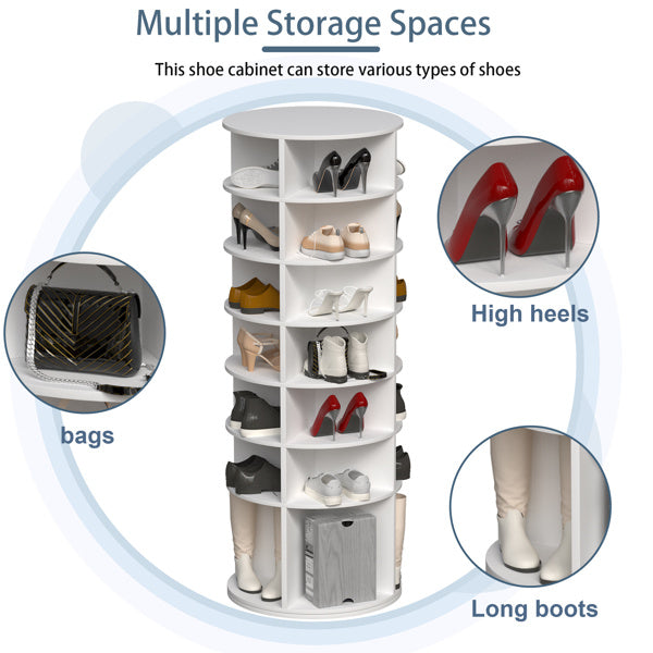 Tall 7-tier rotating shoe rack with compact lazy Susan design, space-saving vertical organizer for shoes, boots, and accessories, solid board construction in modern style