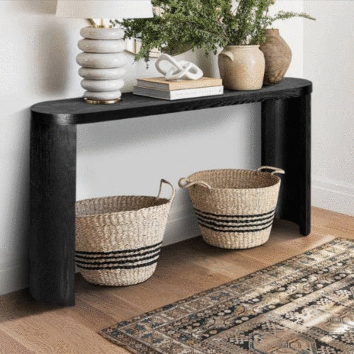 60-inch entryway table with thick wooden top and elegant curved legs, featuring flexible inward and outward installation, ideal for sofas, hallways, and entryways