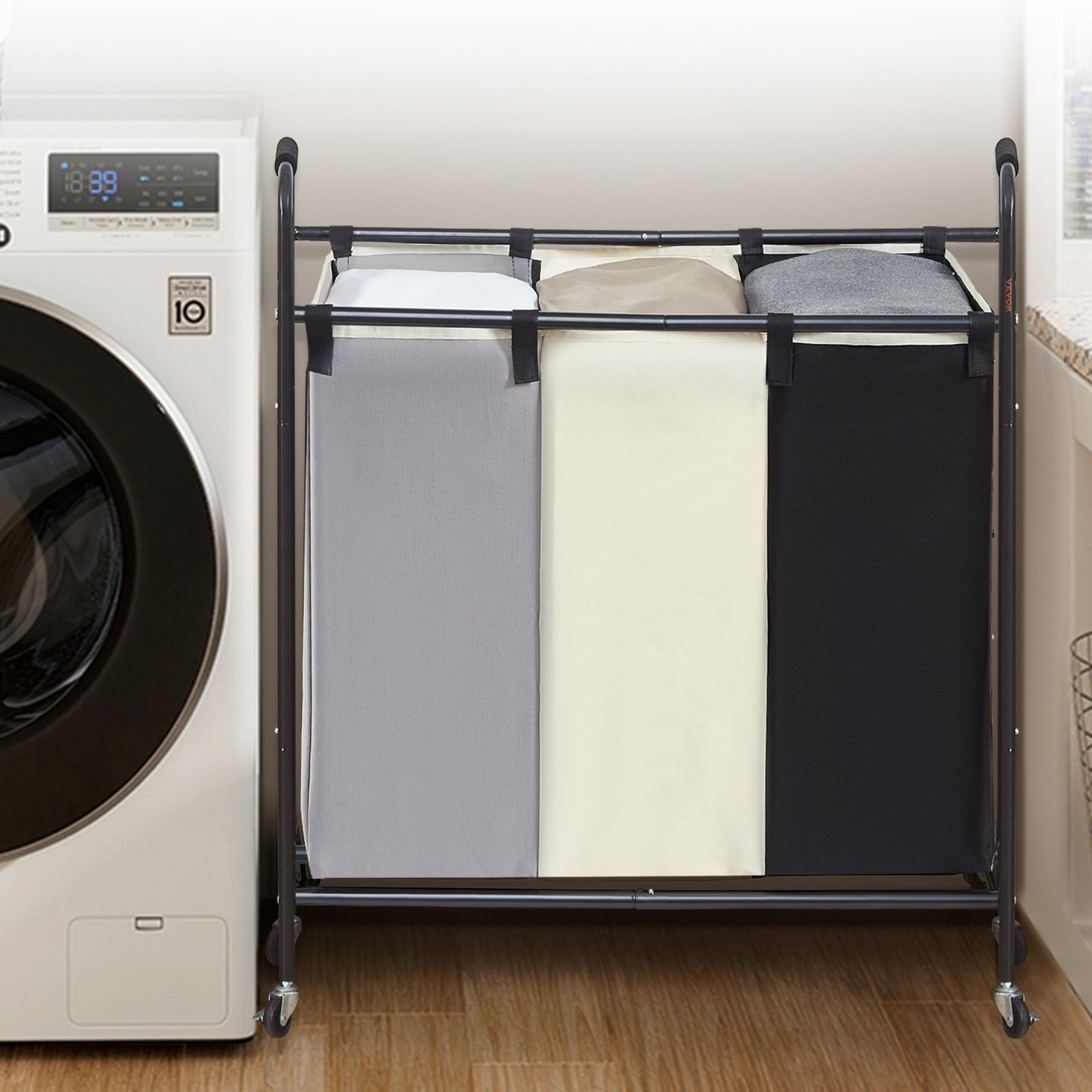 VEVOR 3-section rolling laundry hamper with heavy-duty metal frame, removable sorting bags, and smooth-rolling wheels for easy transport and organization