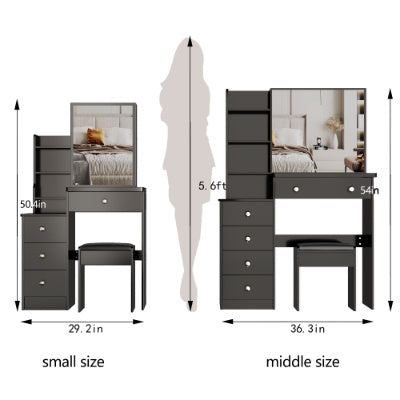 29.2-inch compact black vanity table with cushioned stool, large sliding mirror, and multi-layer storage shelves; modern MDF makeup dresser ideal for small bedrooms and apartments