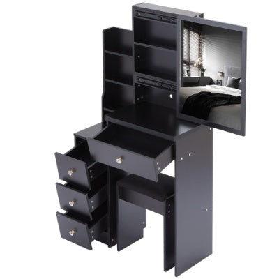 29.2-inch compact black vanity table with cushioned stool, large sliding mirror, and multi-layer storage shelves; modern MDF makeup dresser ideal for small bedrooms and apartments