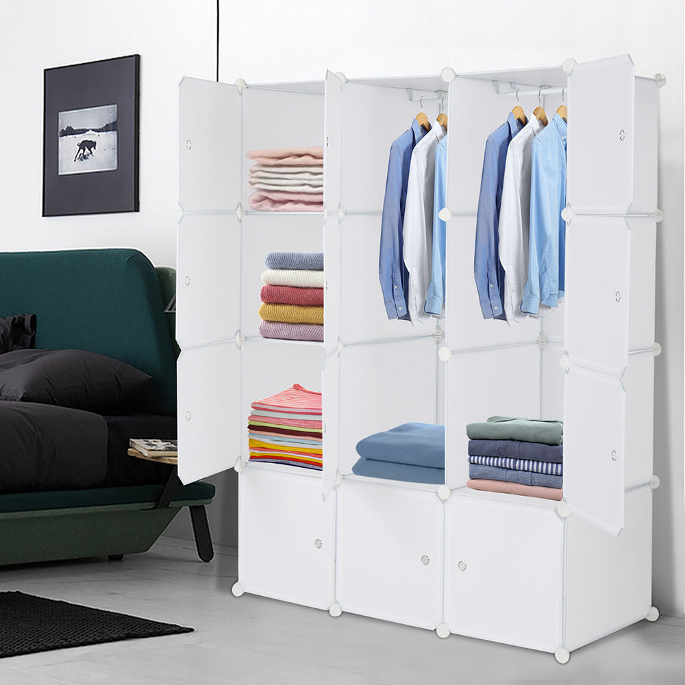 "White 12-cube modular plastic storage organizer with customizable layout and built-in hanging rod, featuring stackable DIY closet shelves for organizing clothes, shoes, toys, and household items.