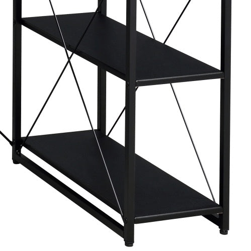 Sleek black office desk with open shelves, hutch, and drawerâfeatures wood surface and sturdy metal sled base, ideal for organized home office or studio workspace