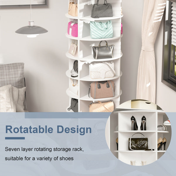 Tall 7-tier rotating shoe rack with compact lazy Susan design, space-saving vertical organizer for shoes, boots, and accessories, solid board construction in modern style