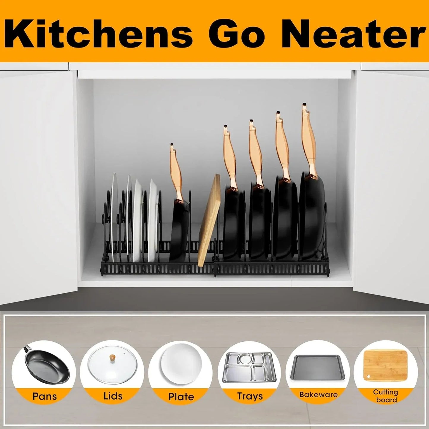 Expandable pot lid organizer rack holding various sizes of lids and cutting boards, adjustable width, ideal for kitchen cabinet or countertop storage