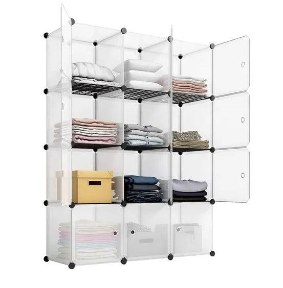 12-cube white modular storage shelf with customizable design, ideal for organizing books, clothes, toys, and office supplies.