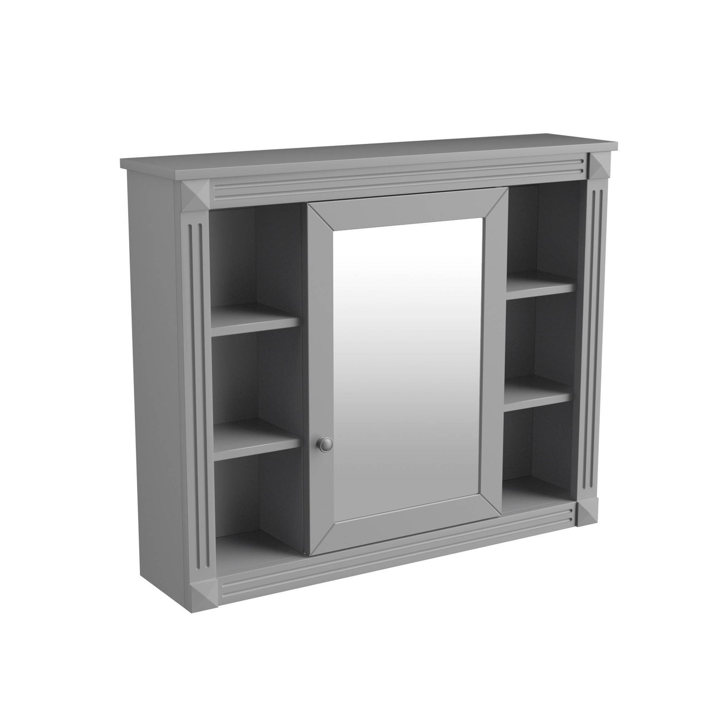 Modern white wall-mounted bathroom storage cabinet with mirrored doors and open center shelf – sleek MDF design with multiple interior compartments for organized bathroom storage.