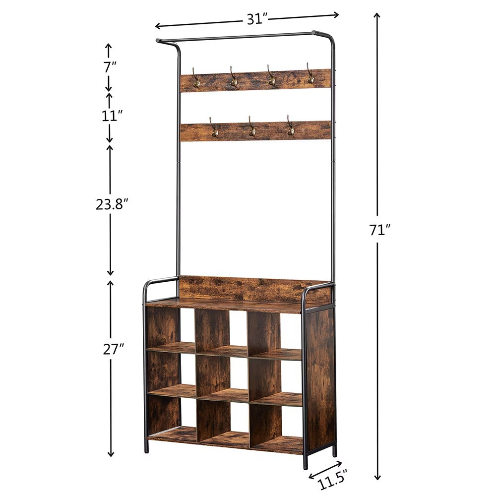 3-in-1 Entryway Coat Rack with Shoe Storage, 7 Metal Hooks, Hanging Rod, Antique Natural Finish, Freestanding Hall Tree Organizer