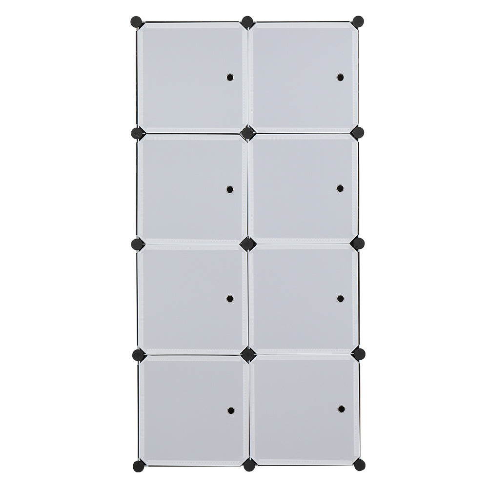 8-cube modular plastic storage organizer with doors and built-in hanging rod, stackable DIY closet cabinet for clothes, shoes, books, and household items in bedroom or entryway