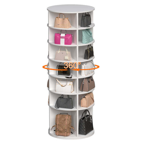 Tall 7-tier rotating shoe rack with compact lazy Susan design, space-saving vertical organizer for shoes, boots, and accessories, solid board construction in modern style