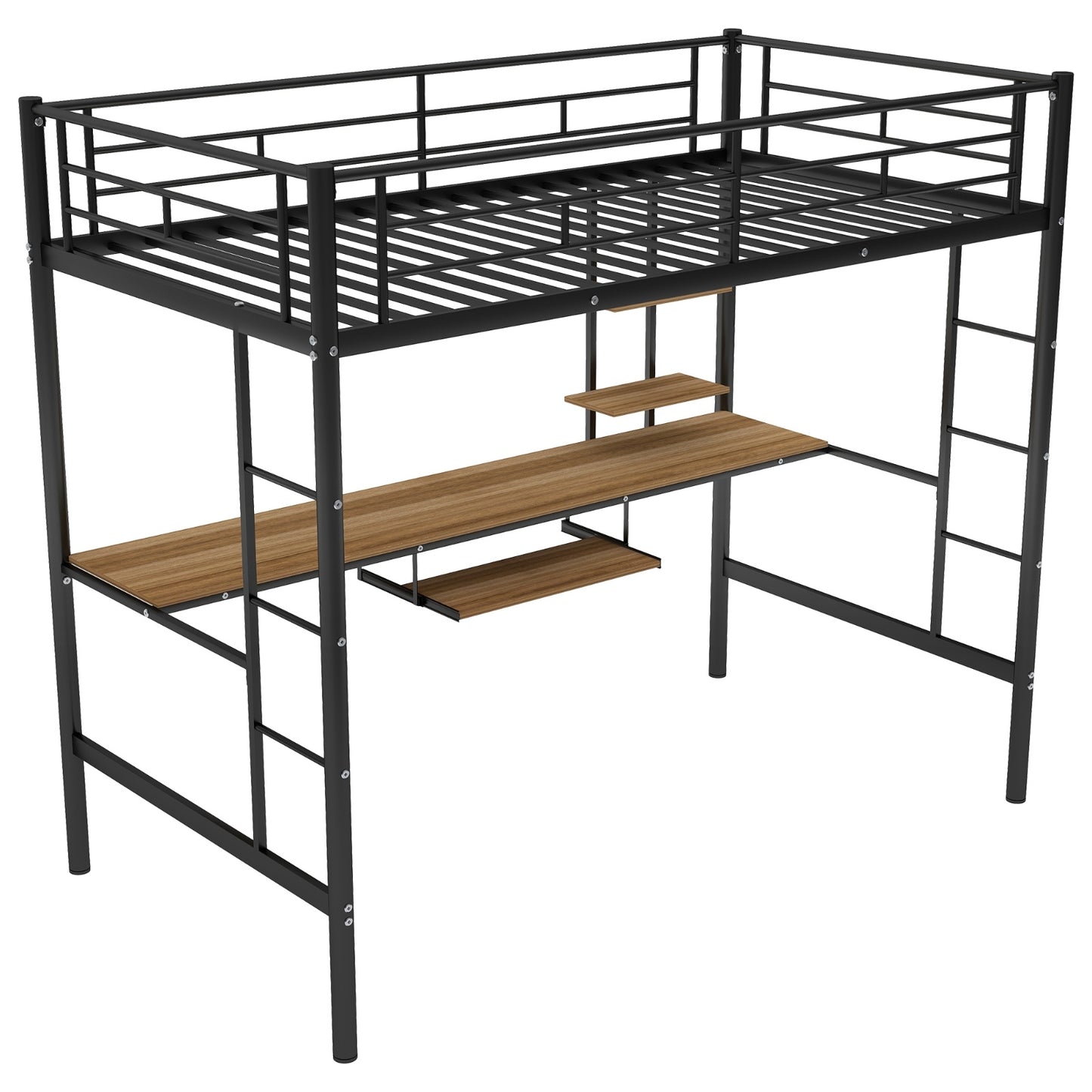 Black twin loft bed with metal frame, integrated desk and shelf underneath, ladder, and guardrail – space-saving bedroom furniture