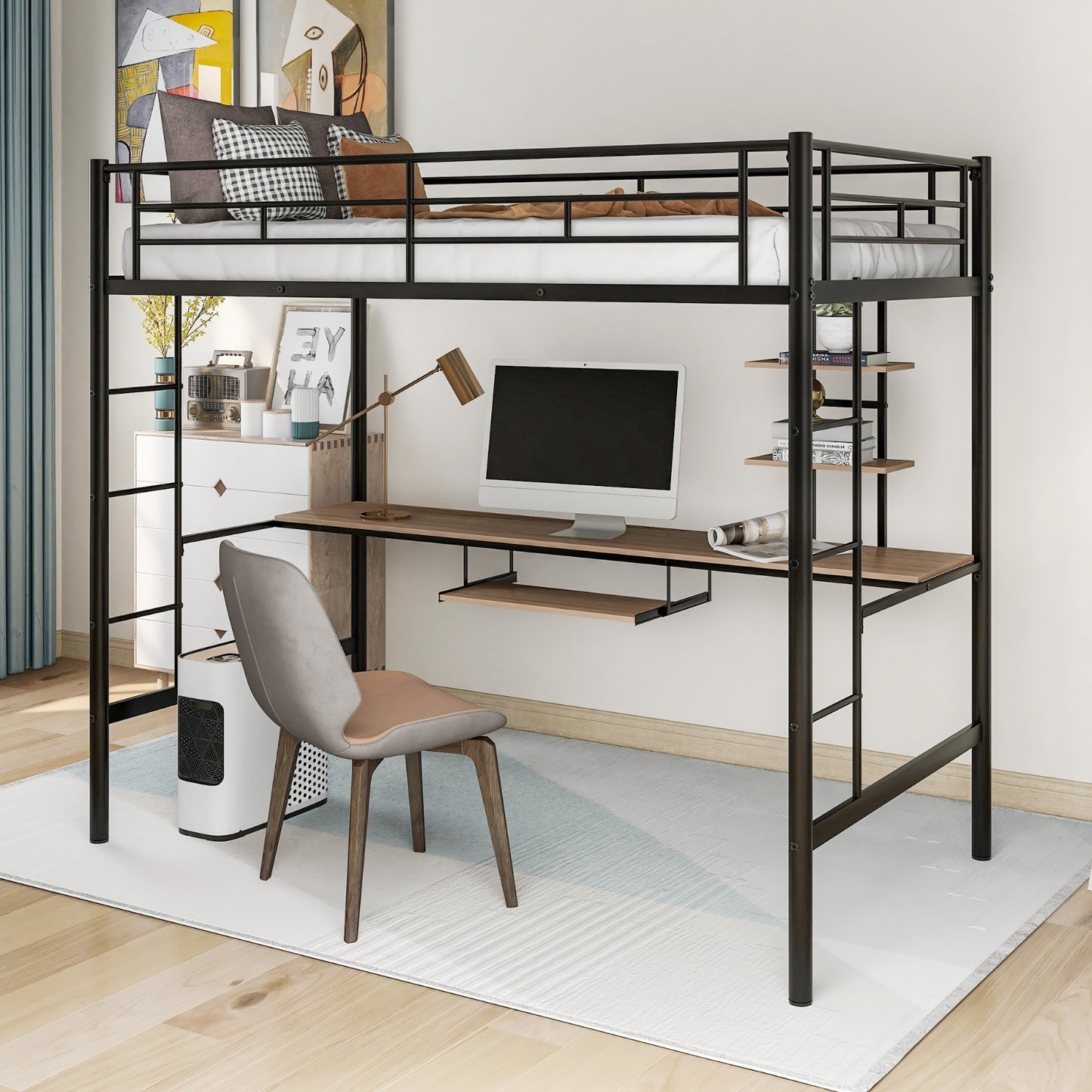 Black twin loft bed with metal frame, integrated desk and shelf underneath, ladder, and guardrail – space-saving bedroom furniture