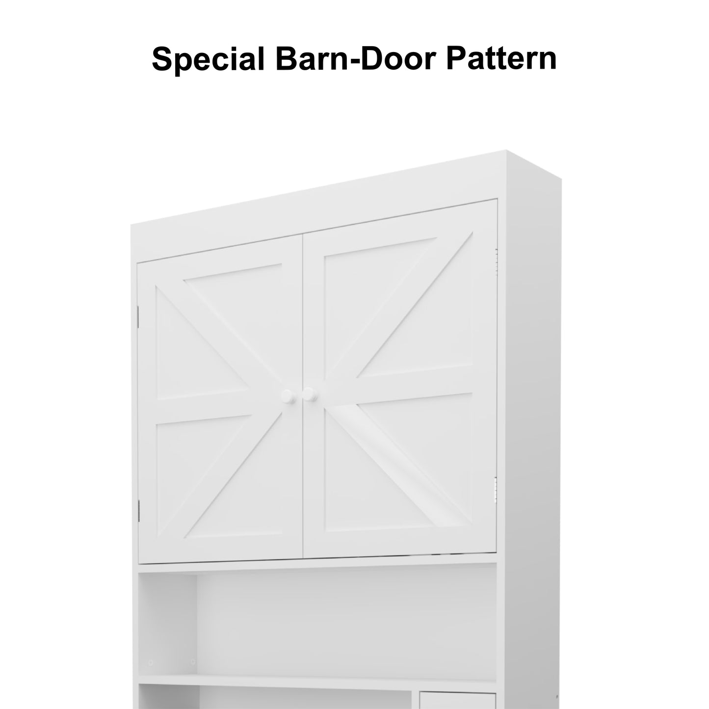 White over-the-toilet storage cabinet with farmhouse double-door design, fits above toilet for space-saving bathroom organization