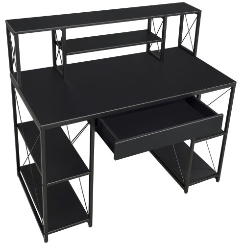 Sleek black office desk with open shelves, hutch, and drawerâfeatures wood surface and sturdy metal sled base, ideal for organized home office or studio workspace