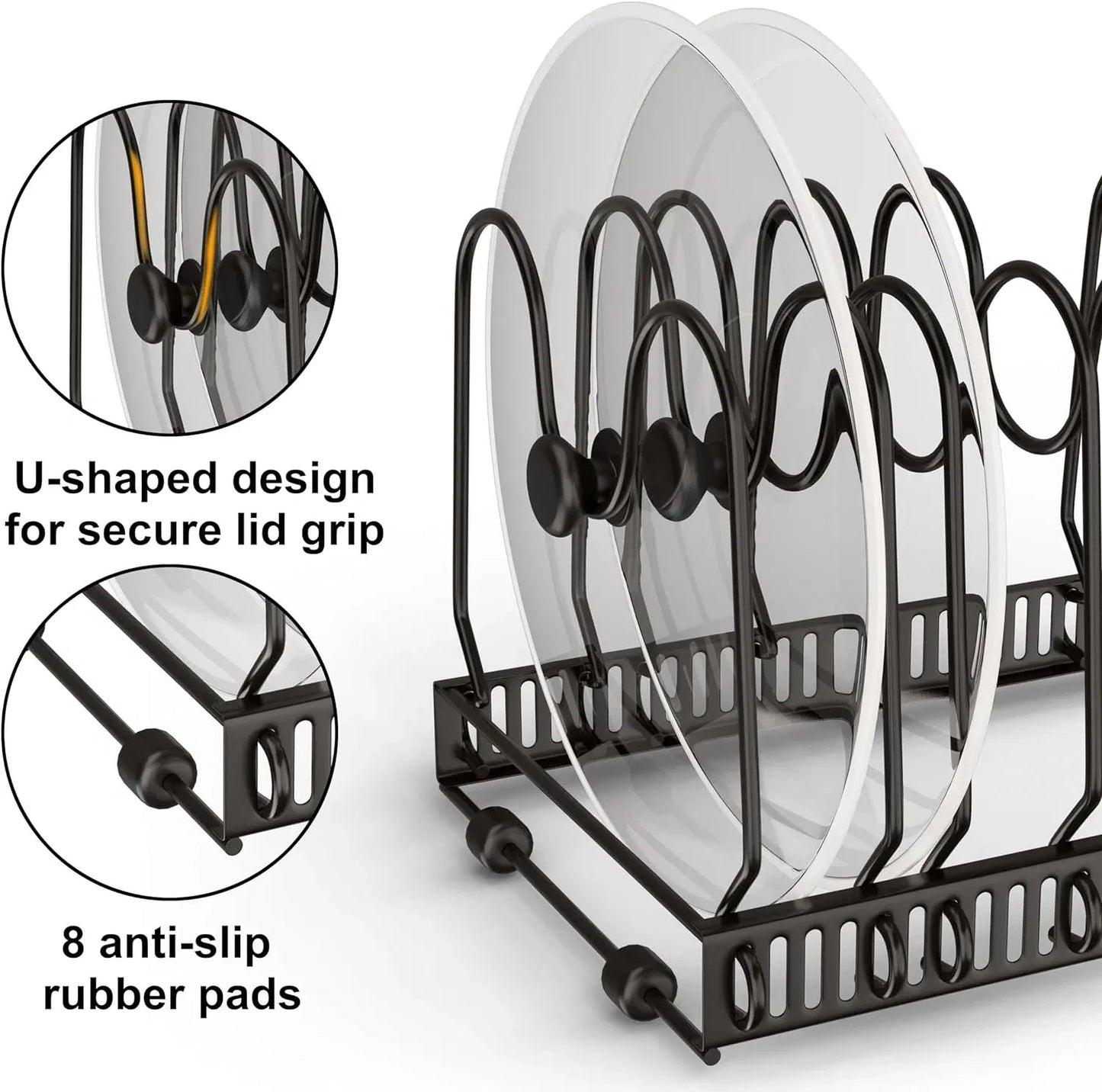 Expandable pot lid organizer rack holding various sizes of lids and cutting boards, adjustable width, ideal for kitchen cabinet or countertop storage