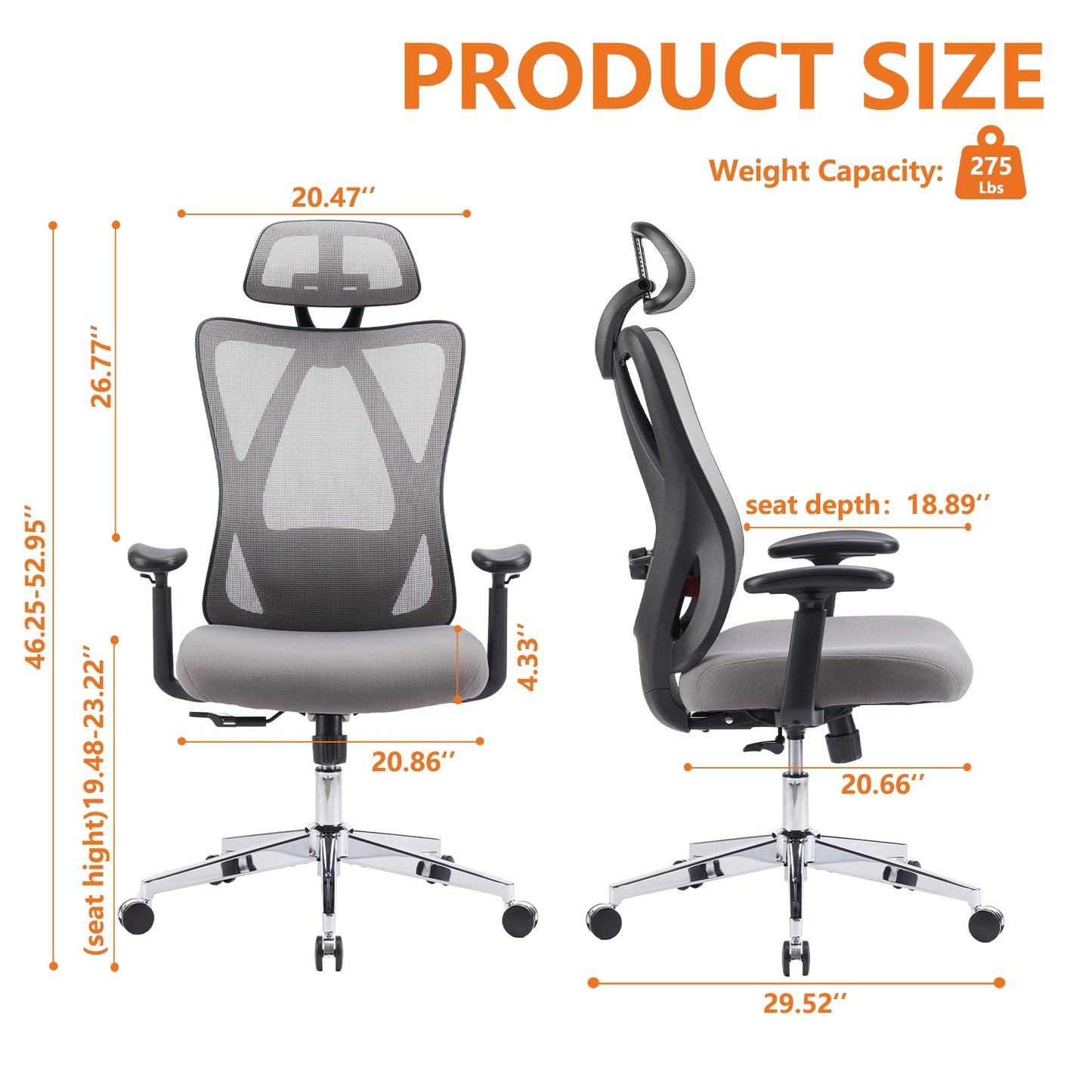 Ergonomic high-back mesh office chair with adjustable height, reclining backrest, rotating headrest, lumbar support, breathable mesh, padded seat, and sturdy aluminum base supporting up to 330 lbs.