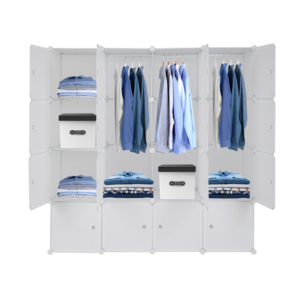 White 16-cube modular plastic storage organizer with doors and hanging rods, featuring stackable DIY design for closet, bedroom, or entryway organization; includes steel frame and customizable layout for clothes, shoes, and household items