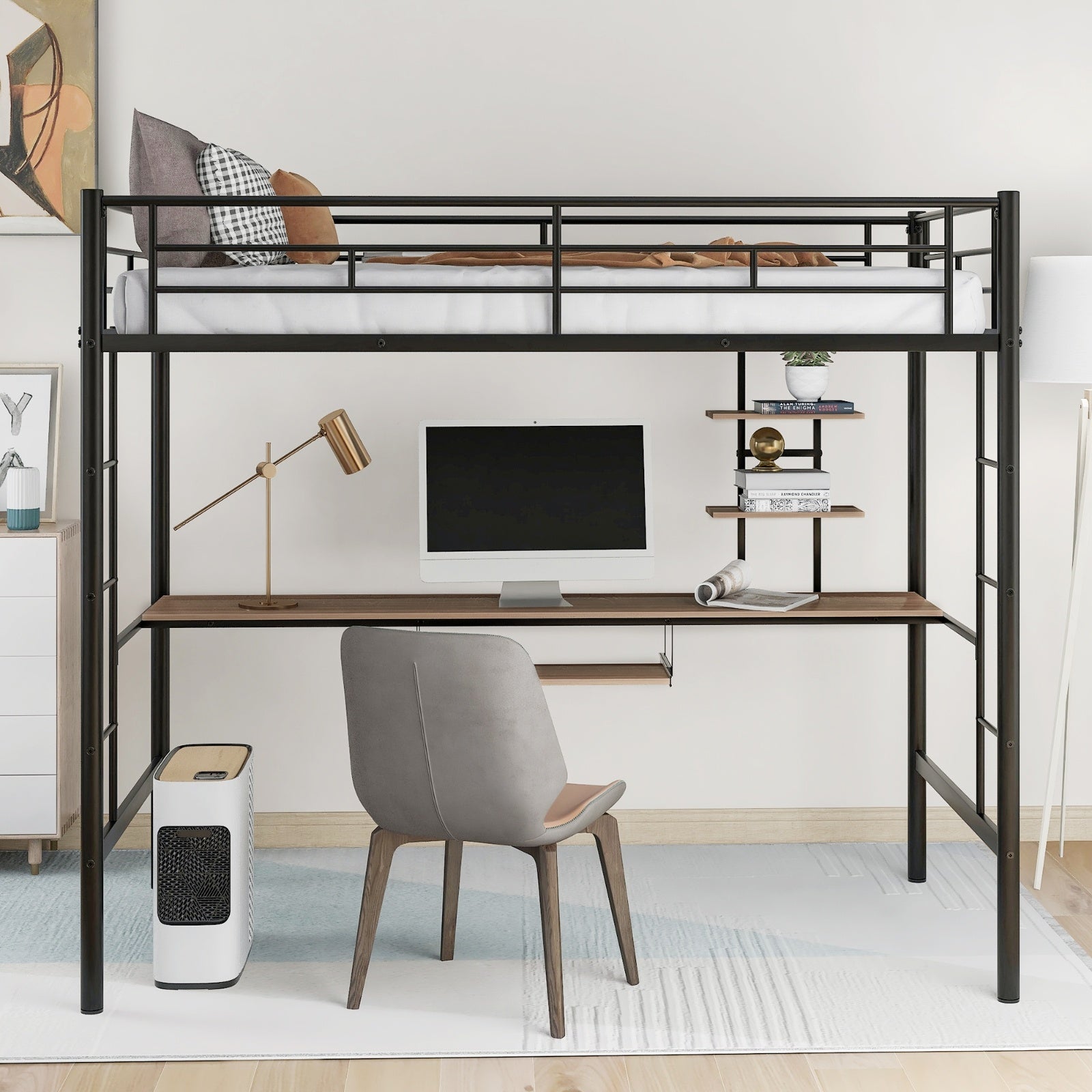 Black twin loft bed with metal frame, integrated desk and shelf underneath, ladder, and guardrail – space-saving bedroom furniture