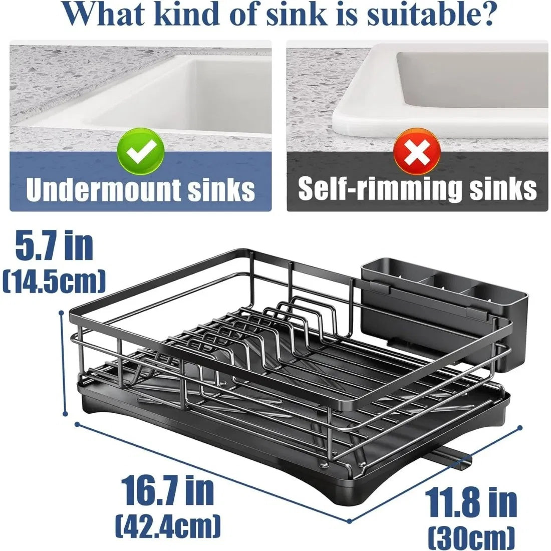 2-piece kitchen organizer set with large-capacity dish drying rack holding plates, bowls, cups, and utensils, plus sliding 2-tier under-sink shelf with suction cups for stable, space-saving storage in kitchen or bathroom