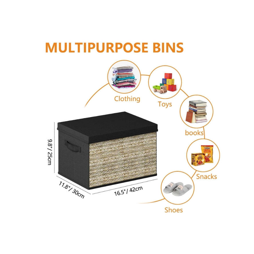 Set of four green rattan-style foldable storage bins with matching lids and built-in handles; lightweight, decorative, and ideal for organizing closets, shelves, or home offices — non-waterproof design.