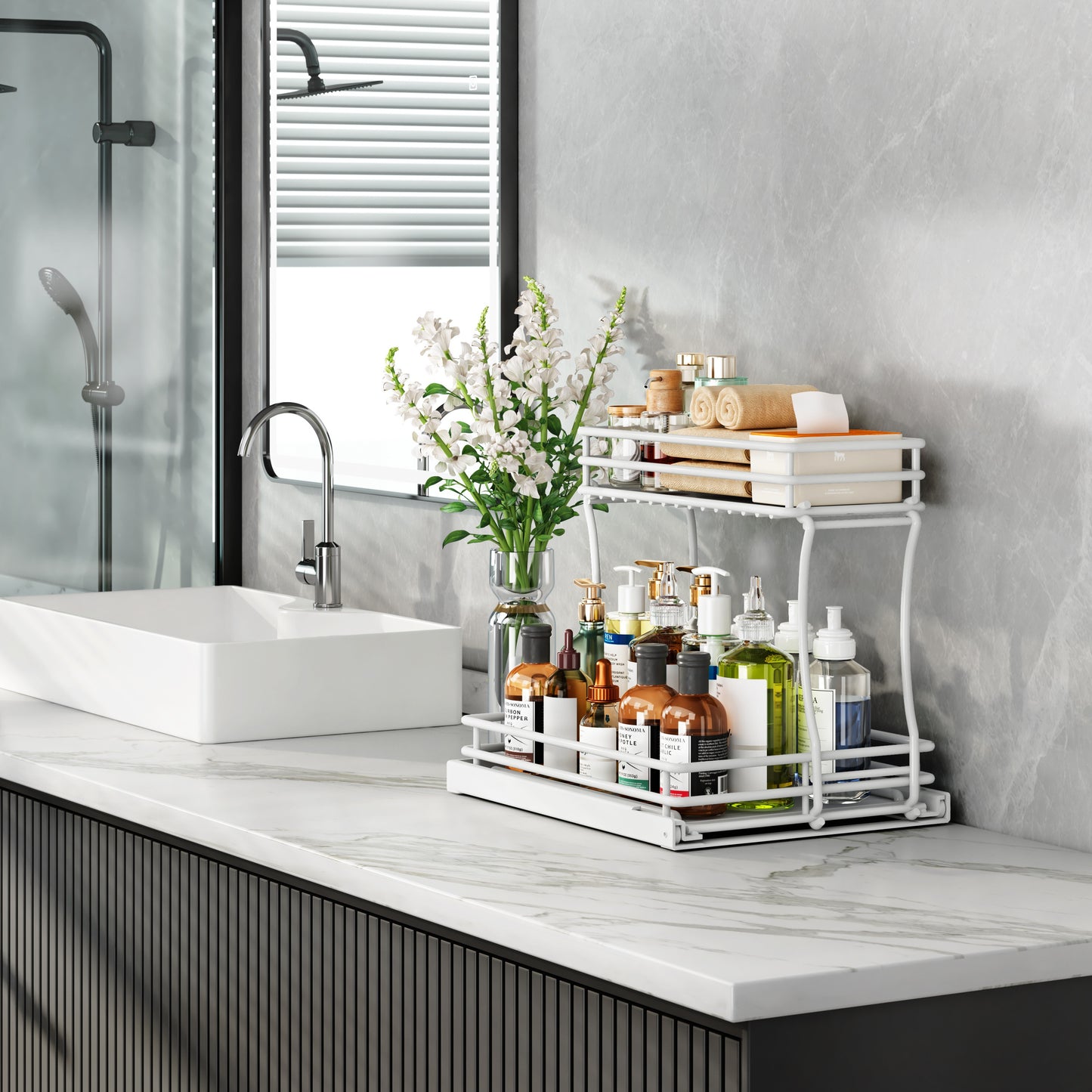 L-shaped metal pull-out cabinet organizer with two sliding drawers, made of stainless steel, designed to maximize under-sink storage by fitting around plumbing, featuring a rust-resistant finish