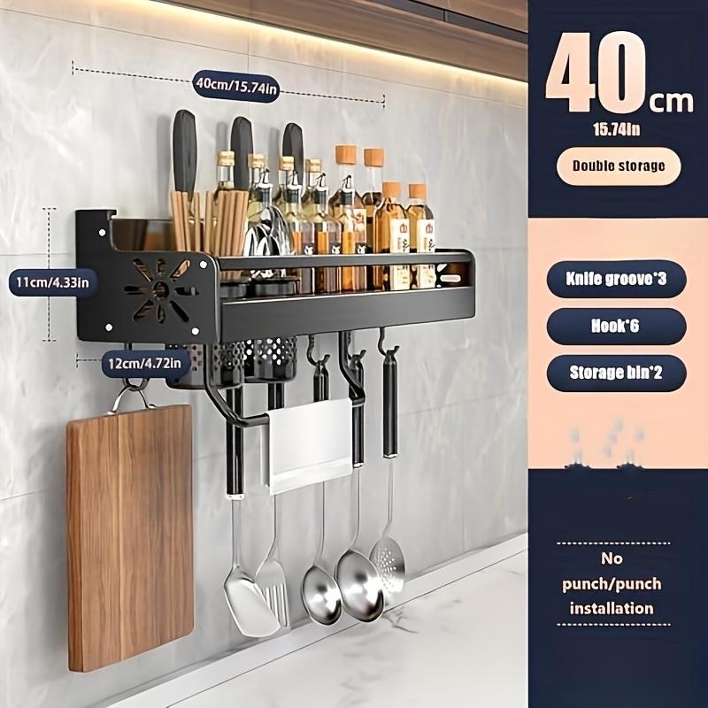 Wall-mounted stainless steel kitchen utensil holder with built-in spice racks, ideal for camping and home kitchen organization