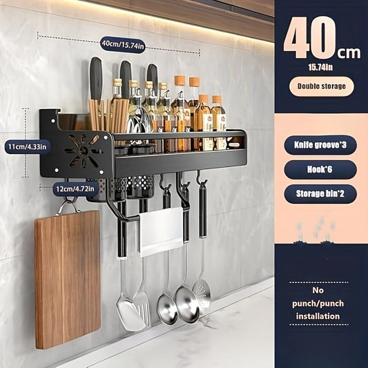 Wall-mounted stainless steel kitchen utensil holder with built-in spice racks, ideal for camping and home kitchen organization