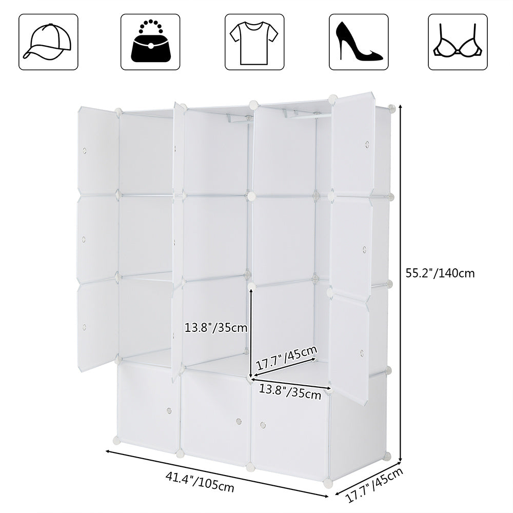 "White 12-cube modular plastic storage organizer with customizable layout and built-in hanging rod, featuring stackable DIY closet shelves for organizing clothes, shoes, toys, and household items.